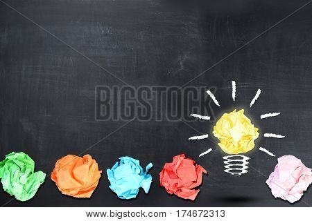 Bright idea concept with light bulb shaped crumpled paper on blackboard