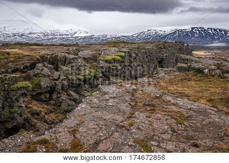 Thingvellir National Park Iceland is a UNESCO World Heritage Site and popular travel destination located along the Golden Circle northeast of Reyjavik
