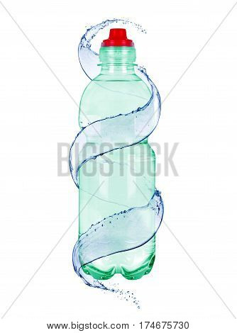 Water splashes with bottle of mineral water isolated on white background
