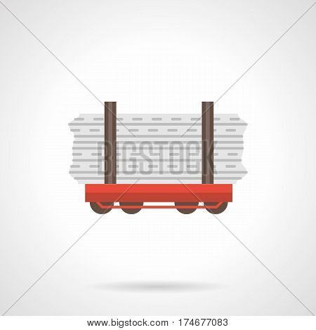 Red rail flatcar with loads. Open platform for railroad transportation of building boards, pipes, wood and other long cargoes. Flat color style vector icon.