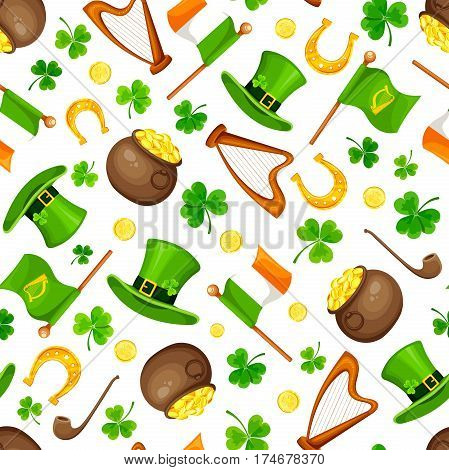 Vector St. Patrick's day seamless pattern with green shamrock leaves, leprechaun's hats, pots, gold coins, flags, harps and horseshoes on a white background.