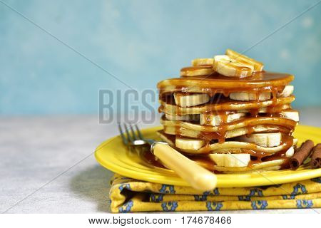 Banana Pancakes With Caramel For A Breakfast.