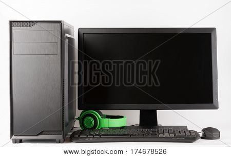 Midi Tower Computer Case With Led Monitor On White Background.