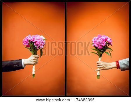 Groom and bride holds with one hand beautiful pink wedding bouquet at orange wall background. two pictures together