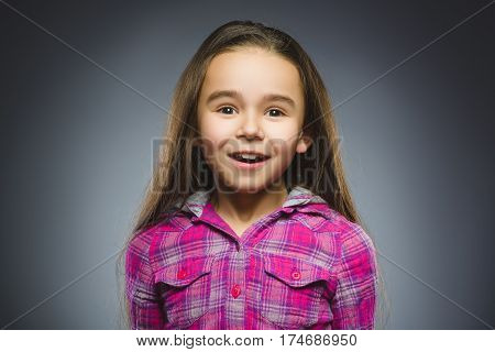 Closeup Portrait of wondering girl going surprise on gray background.
