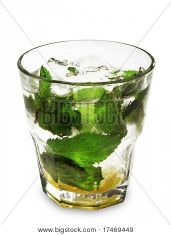 Alcoholic Cocktail made of Vermouth with Mint and Cane Sugar. Isolated on White Background