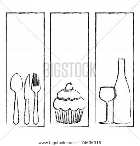 monochrome blurred contour with set frames with silhouettes cupcake and culinary elements vector illustration