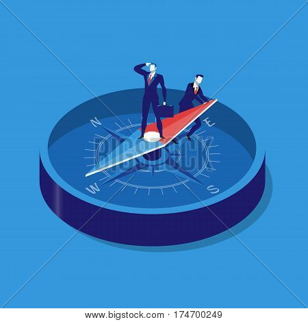 Vector illustration of two businessmen using compass for navigation and orientation in business. Strategy concept flat style design.