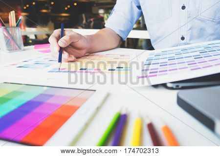 Graphic Designer At Work. Color Swatch Samples.