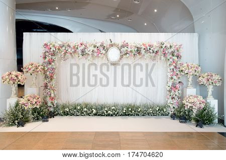 indoor luxurious wedding ceremony backdrop in the wedding day