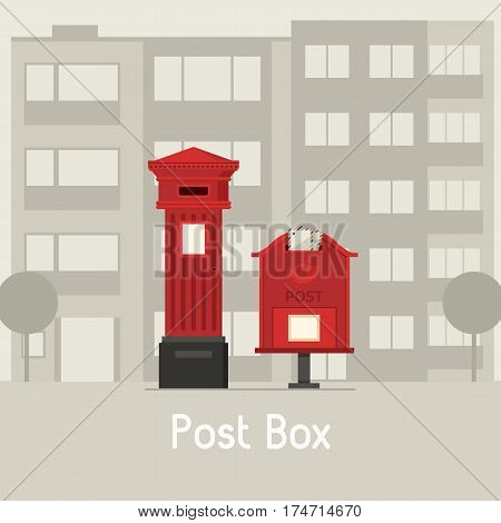 Vintage post boxes on modern city background. Red mail boxes on town landscape. Public street mailboxes standing vertical.