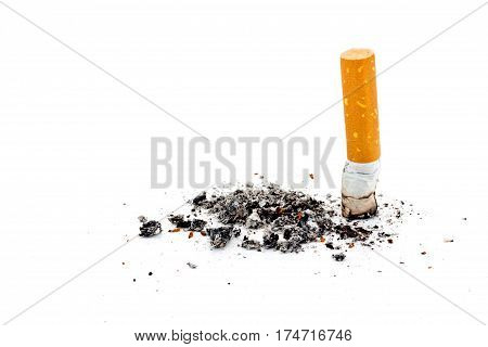 Single cigarette butt with ash isolated on white background