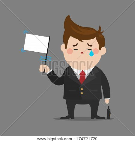 sad businessman give up with a white flag for his business.