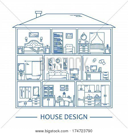 Line style infographics with interior design elements. Vector illustration. Furniture interior graphic background. Banner set apartment decoration