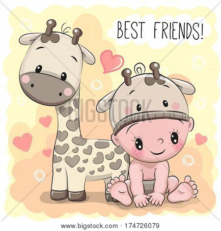 Cute Cartoon Baby in a giraffe hat and giraffe