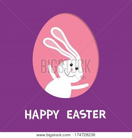 Happy Easter. Bunny rabbit hare with big ears inside painted egg frame window. Cute cartoon character. Baby greeting card. Violet background. Flat design. Vector illustration