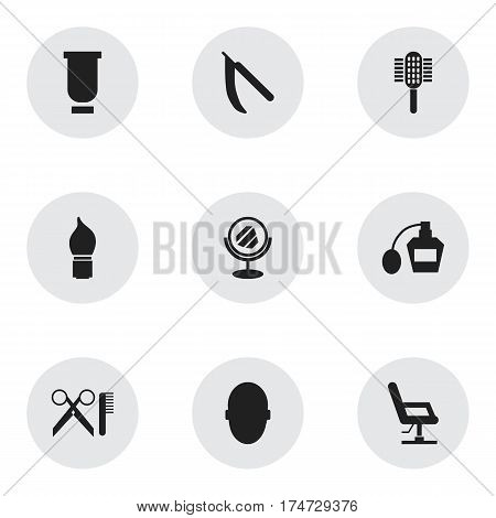 Set Of 9 Editable Tonsorial Artist Icons. Includes Symbols Such As Elbow Chair, Charger, Brains And More. Can Be Used For Web, Mobile, UI And Infographic Design.