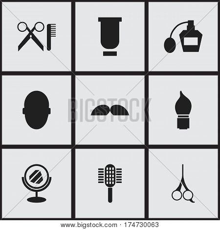 Set Of 9 Editable Tonsorial Artist Icons. Includes Symbols Such As Charger, Container, Cut Tool And More. Can Be Used For Web, Mobile, UI And Infographic Design.