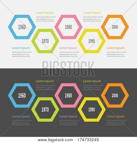 Five step Timeline Infographic set. Colorful big polygon segment. Template. Flat design. Black White background. Isolated. Vector illustration