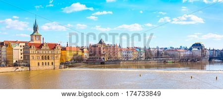 Prague downtown aerial panoramic banner with famous landmarks and river Vltava, Czech Republic