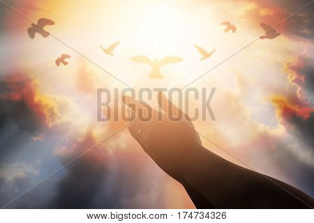 Human hands open palm up worship. Eucharist Therapy Bless God Helping Repent Catholic Easter Lent Mind Pray. Christian concept background.