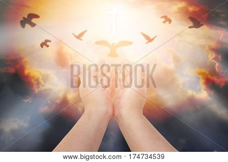 Human hands open palm up worship. Eucharist Therapy Bless God Helping Repent Catholic Easter Lent Mind Pray. Christian concept background.