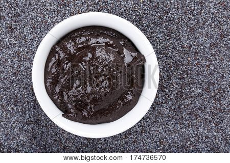 Poppy urbech. Natural paste from poppy seeds. Dagestani useful delicacy. Top view.
