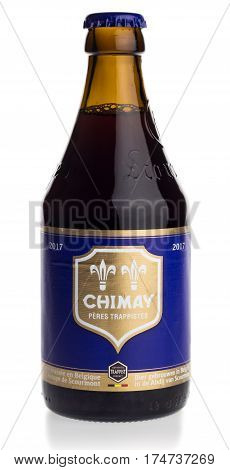 GRONINGEN, NETHERLANDS - FEBRUARY 28, 2017: Bottle of Chimay Blue beer isolated on a white background