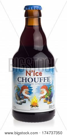 GRONINGEN, NETHERLANDS - MARCH 4, 2017: Bottle of Belgian Chouffe N'Ice winter beer isolated on a white background