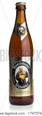 GRONINGEN, NETHERLANDS - FEBRUARY 28, 2017: Bottle of German Franziskaner wheat beer, isolated on a white background