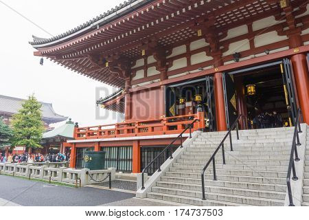 Tokyo Japan - November 19 2016 : The Senso-ji Temple in Asakusa Tokyo Japan . The Senso-ji Temple in Asakusa is the most famous temple in Tokyo .