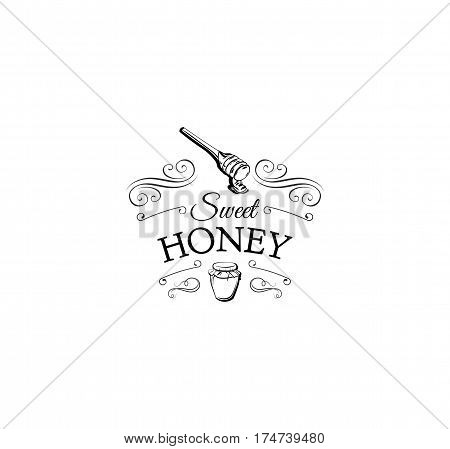 Wooden honey dipper, sketch style vector illustration isolated on white background. Sweet honey label, badge. Vector Illustration