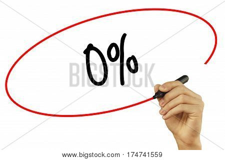 Man Hand Writing 0% With Black Marker On Visual Screen. Isolated On Background. Business, Technology