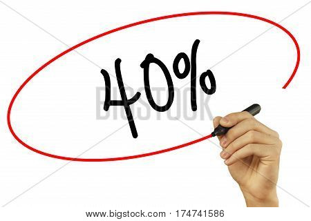 Man Hand Writing 40% With Black Marker On Visual Screen. Isolated On Background. Business, Technolog