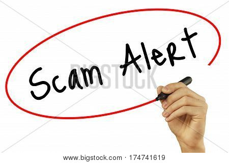 Man Hand Writing Scam Alert With Black Marker On Visual Screen. Isolated On Background. Business, Te