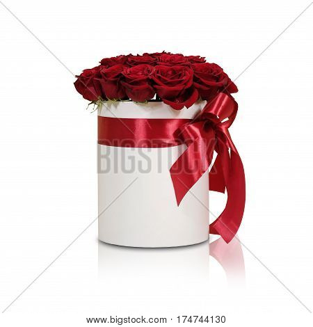 Rich Gift Bouquet Of 21 Red Roses. Composition Of Flowers In A White Hatbox. Tied With Wide Red Ribb