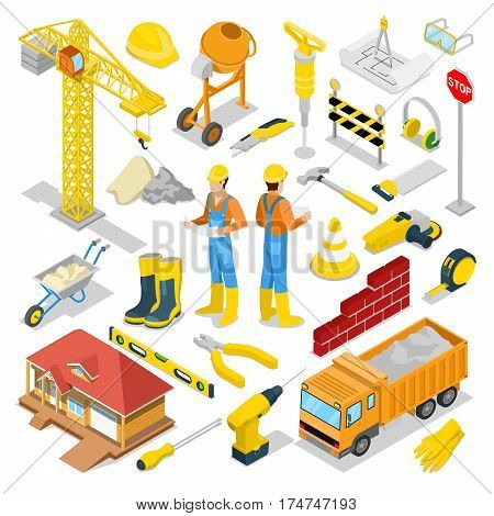 Isometric Builder with Construction Instruments and Crane. Vector 3d flat illustration