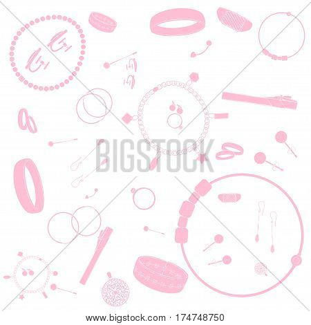 Jewelry illustrations pattern. Pink images, white background