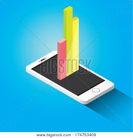 Vector isometric Smartphone with graph and charts on screen isolated on blue background. Mobile analytics or big data concept icon. Mobile infographic design template.