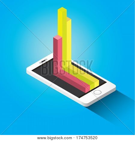 Vector isometric Smartphone with graph and charts on screen isolated on blue background. Mobile analytics or big data concept icon. Mobile infographic design template.