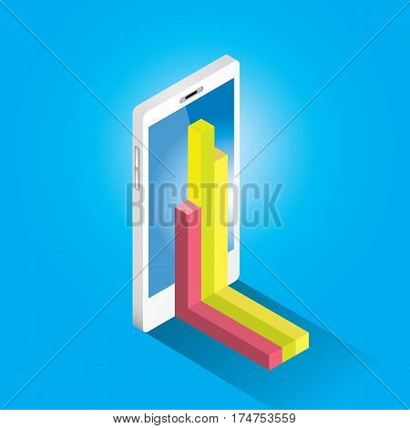 Vector isometric Smartphone with graph and charts on screen isolated on blue background. Mobile analytics or big data concept icon. Mobile infographic design template.
