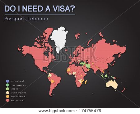 Visas Information For Lebanese Republic Passport Holders. Year 2017. World Map Infographics Showing