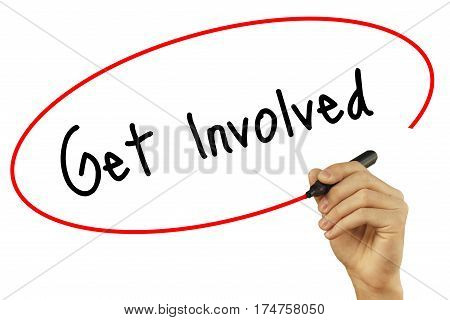 Man Hand Writing Get Involved With Black Marker On Visual Screen. Isolated On Background. Business,