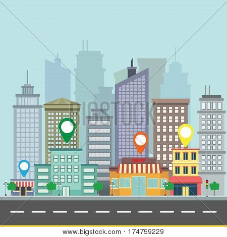 City web banner navigation. Map pin on city street