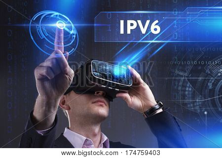 Business, Technology, Internet And Network Concept. Young Businessman Working In Virtual Reality Gla