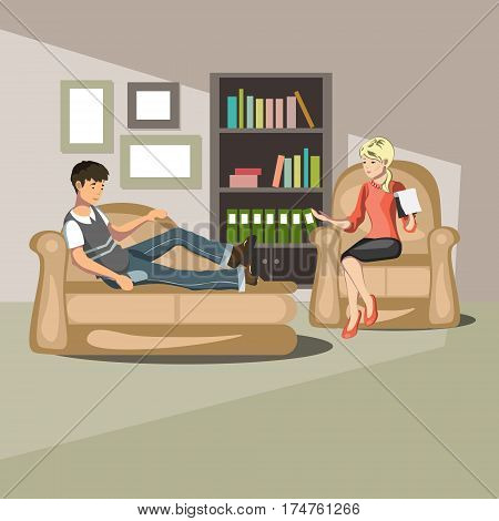 Psychotherapy counseling. Man on sofa in cabinet to psychologist.