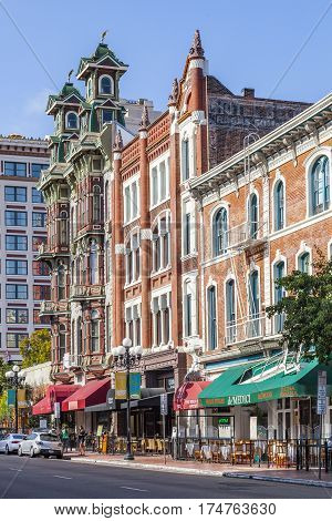 Facade Of Historic Houses In The Gaslamp Quarter In San Diego