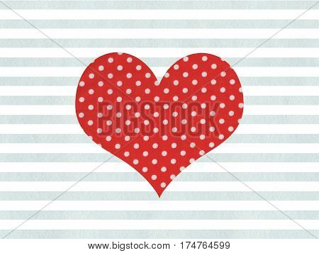 Red Fabric Polka Dot Heart On Watercolor Blue Stripes Background.