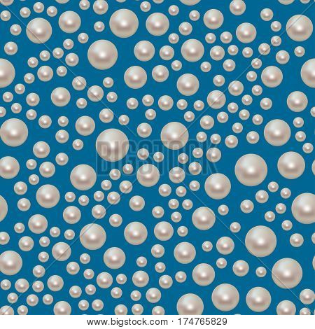 Blue seamless pattern with white small and big pearls. grey beads on glam background. Great for luxuary and VIP projects vector illustration. Use for scrapbooking, packaging, fabric wallpaper