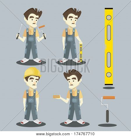 Set of Young builder in overalls. Set of vector flat design illustrations isolated on light background.